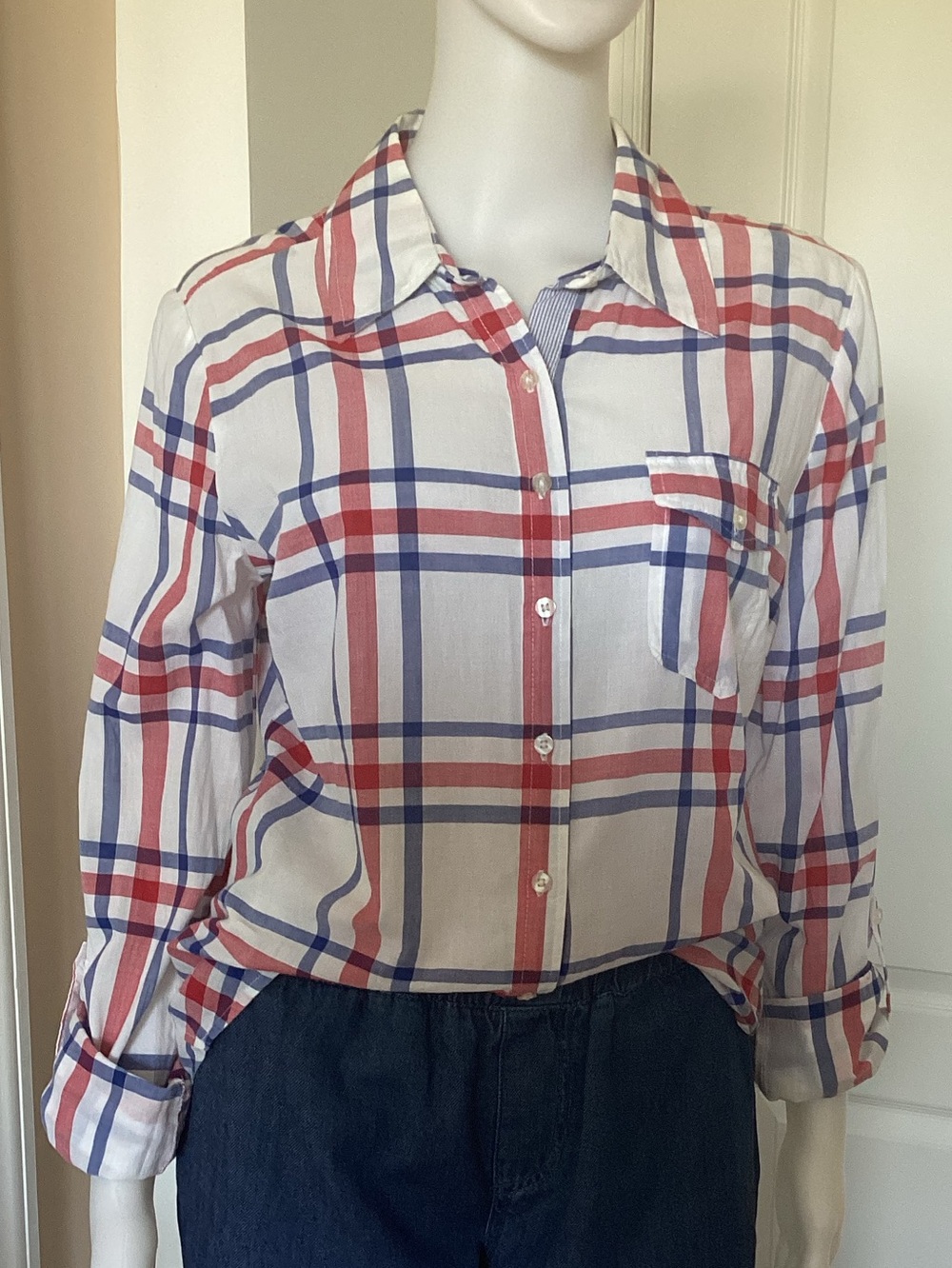 krazy kat White Shirt with Red & Blue Plaid